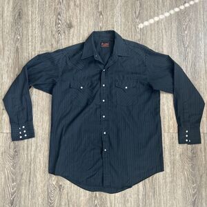 Vintage Plains Western Wear Shirt Mens Size L Pearl Snaps Black Striped Cowboy